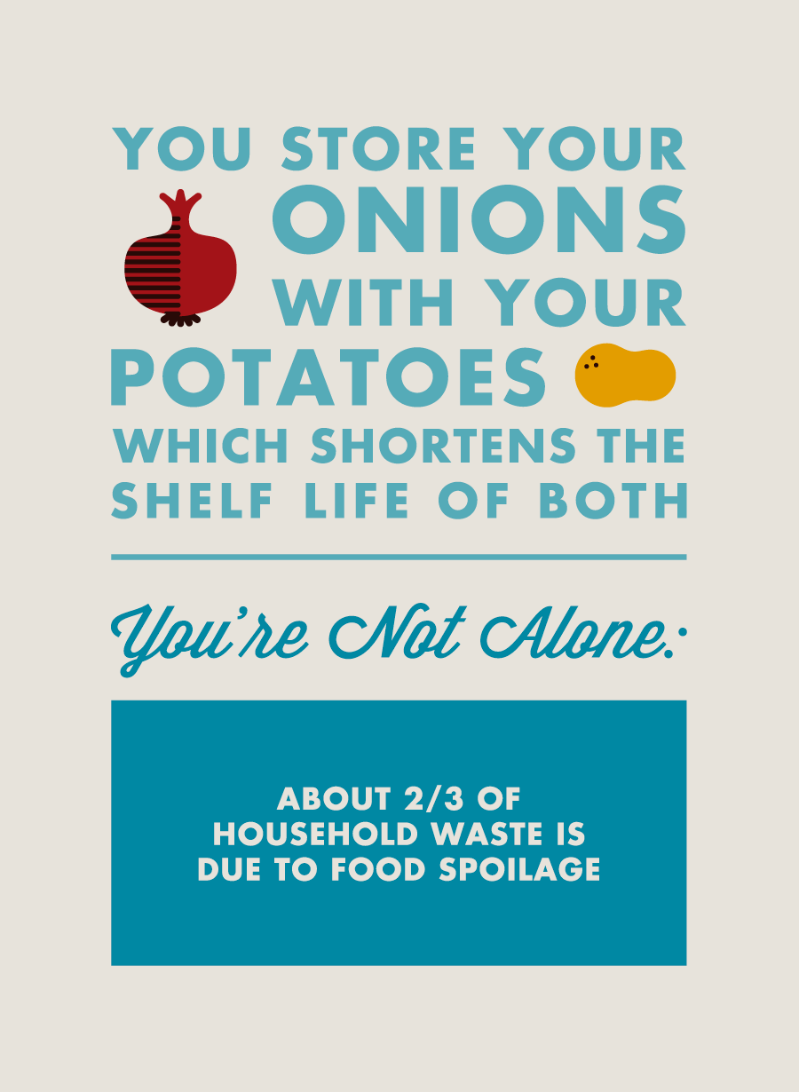 You store your onions with your potatoes which shortens the shelf life of both. You’re not alone: About 2/3 of household waste is due to food spoilage.